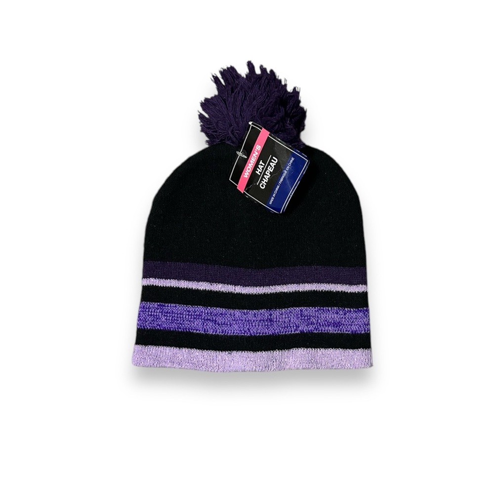 Black Purple Winter Pom Pom Beanie - One Size